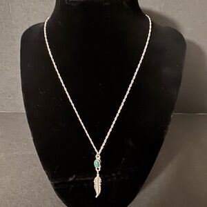 Sterling Silver Necklace with Green Malachite and Feather Pendant